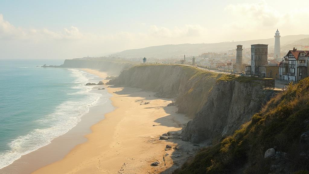 Vue panoramique d'une falaise côtière avec plage de sable et maisons