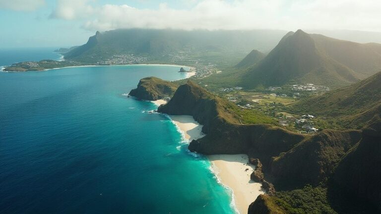 Vue panoramique d'une côte tropicale avec des plages, des montagnes et une mer turquoise.