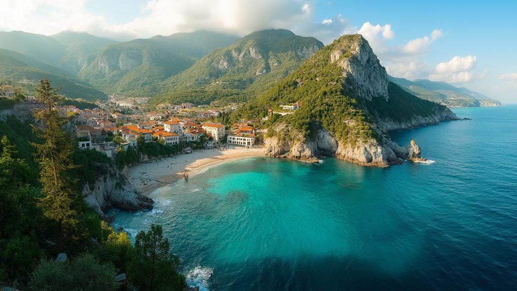 Vue panoramique d'une ville côtière méditerranéenne entourée de montagnes et de mer turquoise