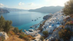 Vue panoramique de Santorin, avec ses maisons blanches et ses toits bleus.