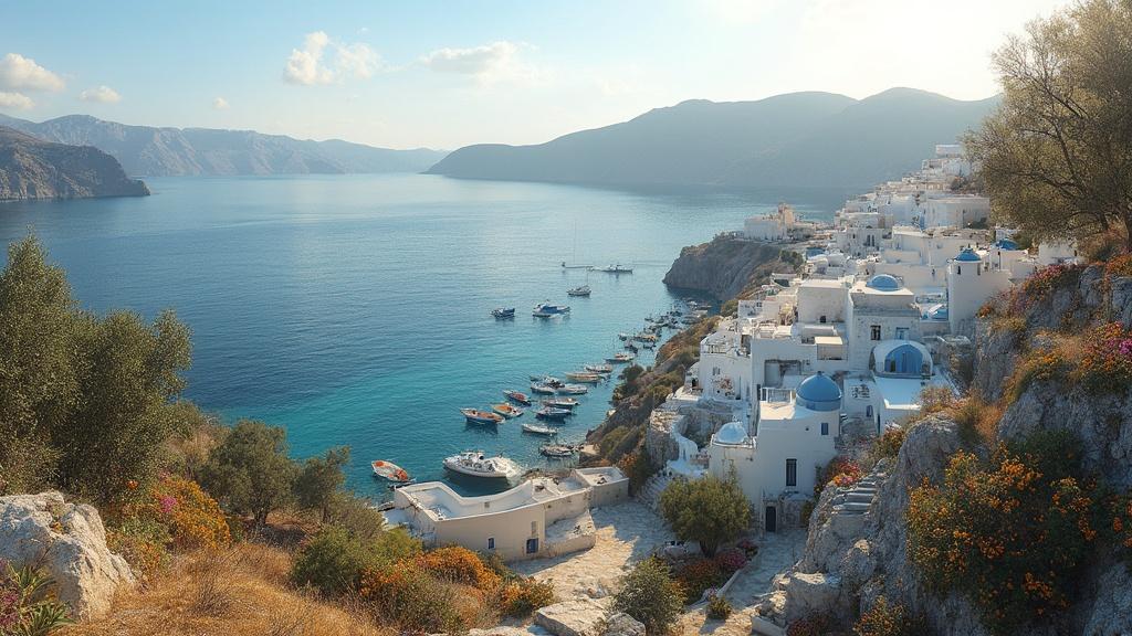 Vue panoramique de Santorin, avec ses maisons blanches et ses toits bleus.