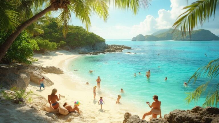 Scène d'un paysage paradisiaque avec palmiers, plage et baignadeurs