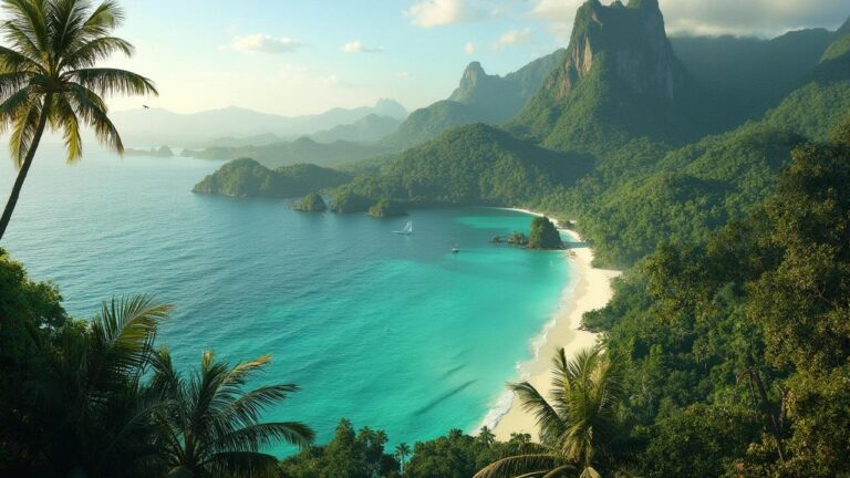 Baie aux eaux turquoise entourée de montagnes verdoyantes et de palmiers