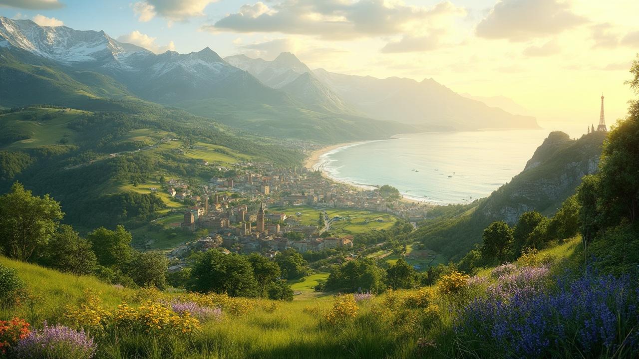 Vue panoramique d'une ville côtière dans un cadre montagneux verdoyant