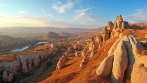 Vue panoramique sur les formations rocheuses de Cappadoce, en Turquie.