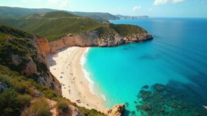 Vue aérienne d'une belle plage de sable entourée de falaises verdoyantes.