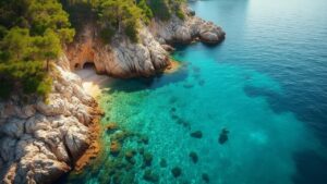 Vue aérienne d'une plage paradisiaque avec une eau turquoise et des rochers escarpés