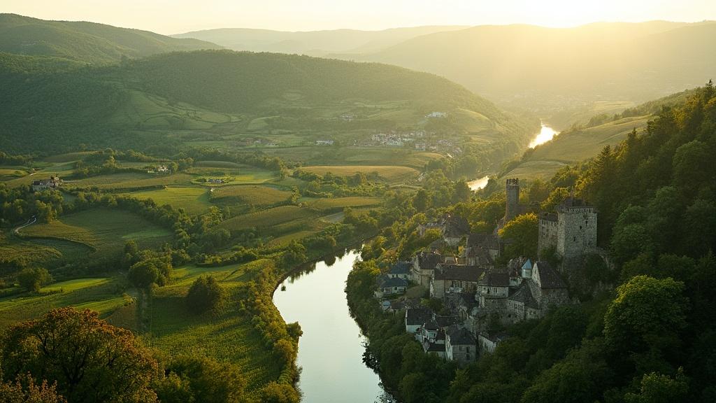 Vallée verdoyante avec un château médiéval surplombant une rivière